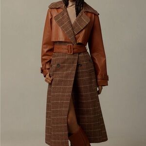 NWT Avec Les Filles Plaid Faux-Leather Belted
Trench Coat